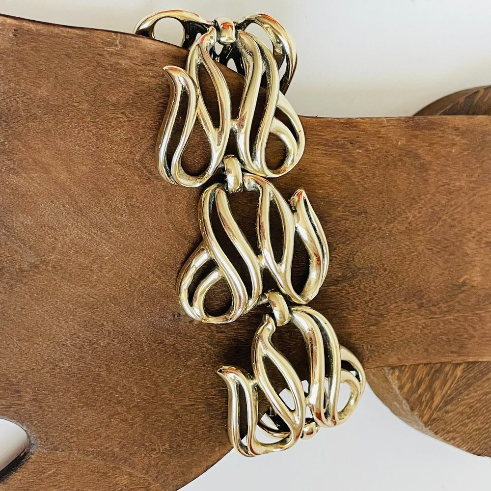 Vintage Selini Women Wide Filigree Gold Tone Link Bracelet Marked 7”